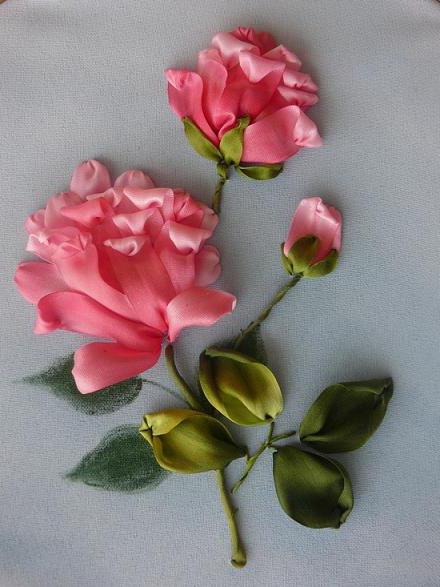 вышивка атласными лентами розы