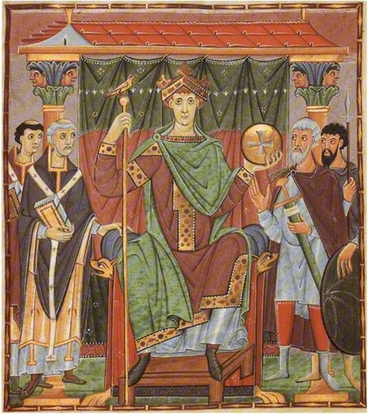 Оттон III на троне. Миниатюра Евангелия Оттона III. 11 в.
