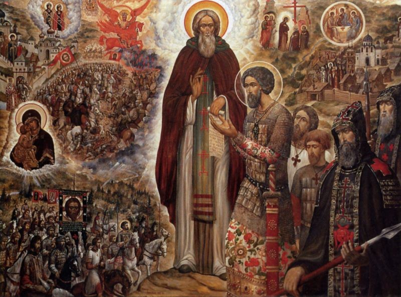 Икона Святой Сергий Радонежский благословляет князя Димитрия Донского на Куликовскую битву