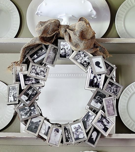 Love this idea! A bunch of dollar store small frames to create a meaningful wreath. Great anniversary, retirement or birthday gift. @ DIY Home