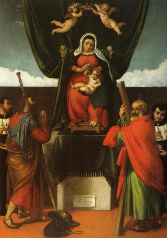 Мадонна с младенцем на троне с четырьмя святыми - Лоренцо Лотто (1546)