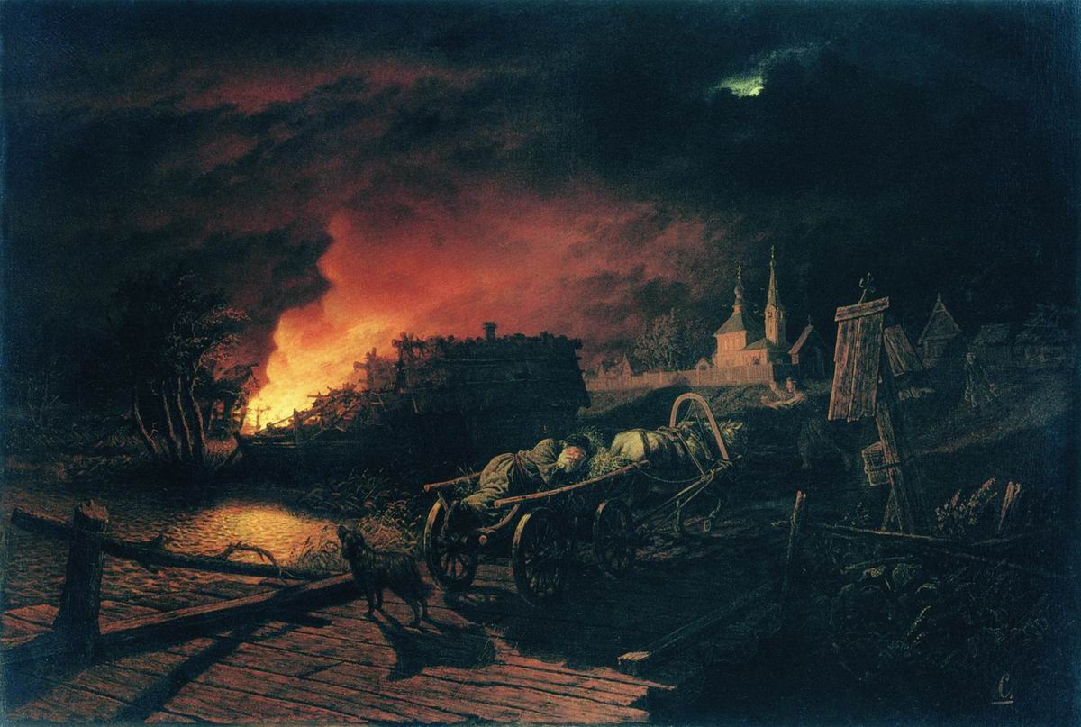 Пожар ночью в селе