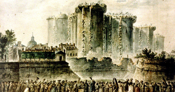 The beginning of the demolition of the Bastille, 16 July 1789. Contemporary watercolor by Jean Pierre Louis Laurent Hoüel.