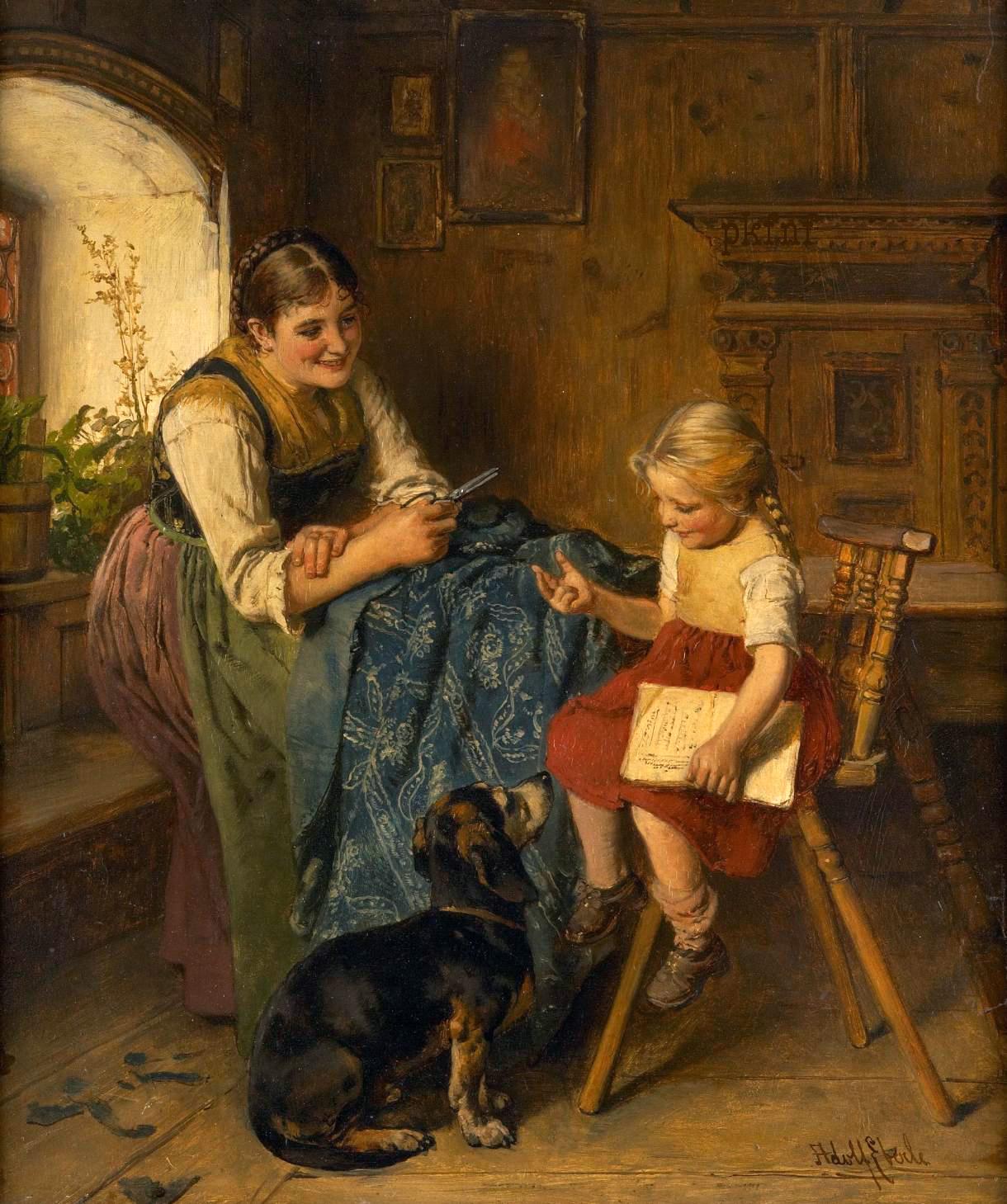Family scene with young mother, child and dog
