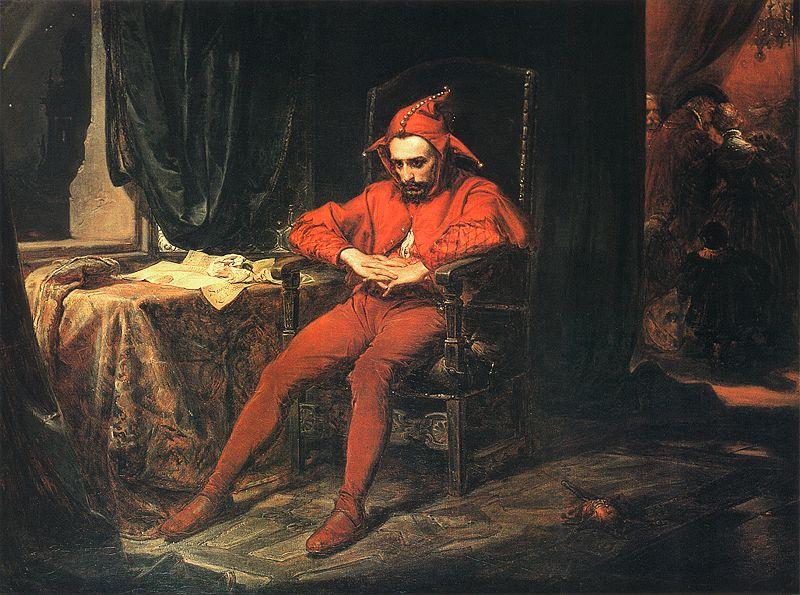 The court jester Stańczyk during a Ball at the Court of Queen Bona after the Loss of Smolensk painted by Jan Matejko, 1862.