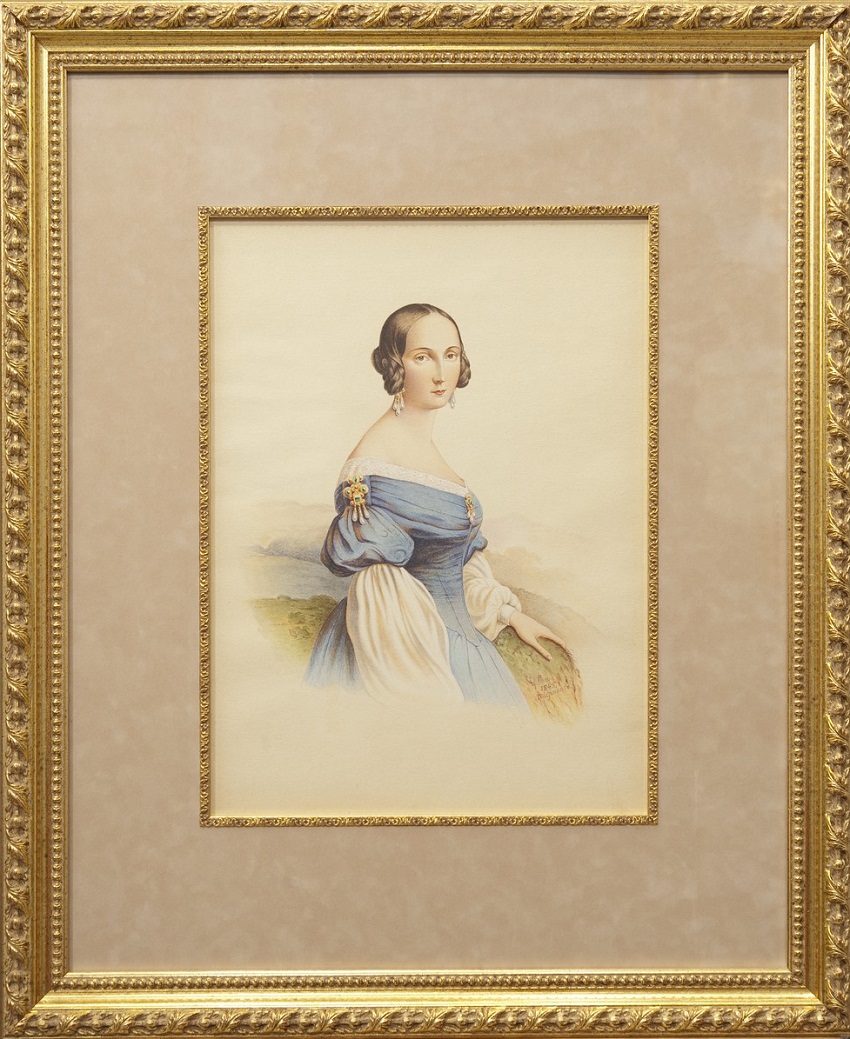 «Портрет дамы с жемчужными украшениями» Бумага, акварель, белила, подпись и дата: «Roma 1845 Тырановъ»