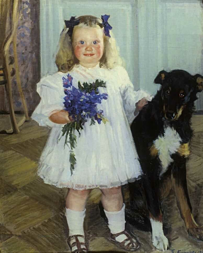 Кустодиев, Портрет Ирины Кустодиевой с собакой Шумкой. 1907