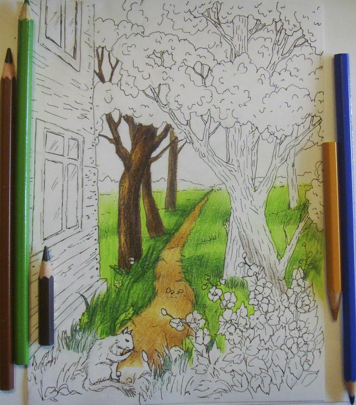 Как нарисовать пейзаж цветными
карандашами, шаг 7