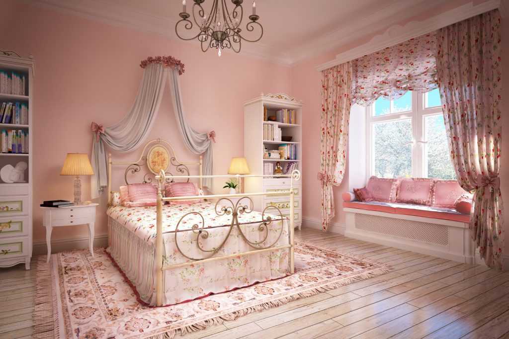 Цветочные шторы и однотонный балдахин в спальне в стиле прованс