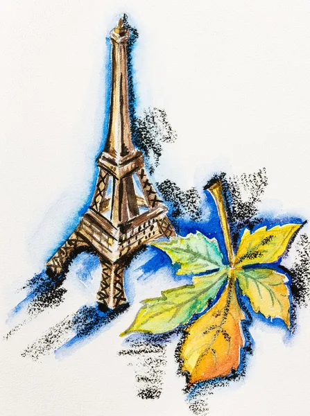 Эйфелева башня с каштановый лист, акварель с Шифер карандаш ПА — стоковое фото