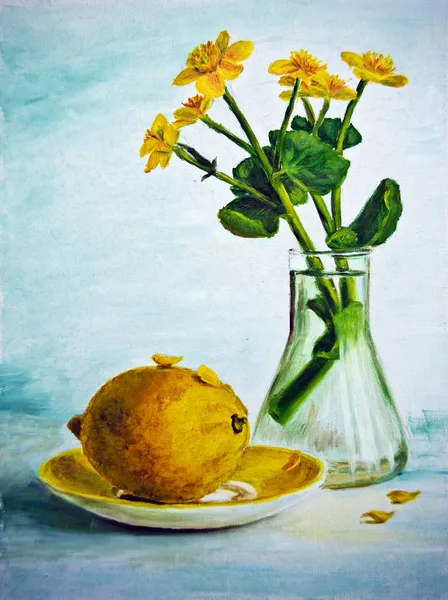 Натюрморт с желтыми цветами и лимоном, маслом на холсте — стоковое фото
