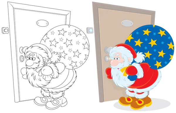 Санта-Клаус Холдинг свой мешок рождественские подарки и чрезмерно через замочную скважину — стоковый вектор