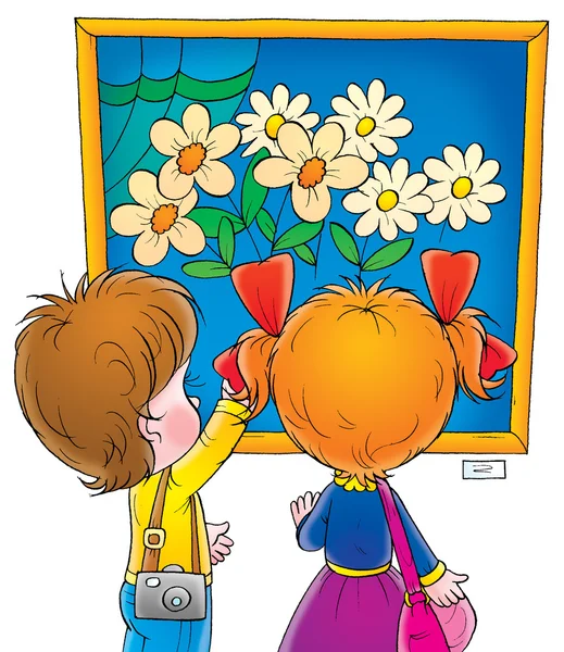 Маленький мальчик и девочка, любуясь живописи цветов — стоковое фото