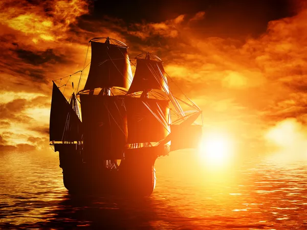 Древний пиратский корабль парусный спорт — стоковое фото
