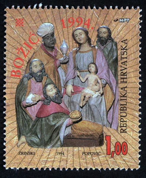 Рождественская марка напечатана в Хорватии показывает рождение Иисуса Христа, Поклонение волхвов — стоковое фото