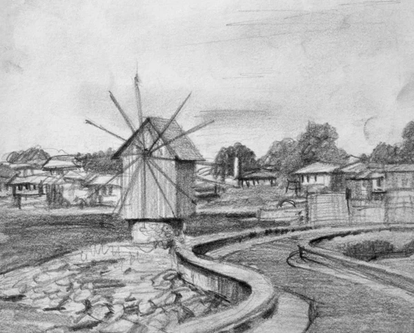 Карандашный рисунок из старой мельницы Несебр — стоковое фото