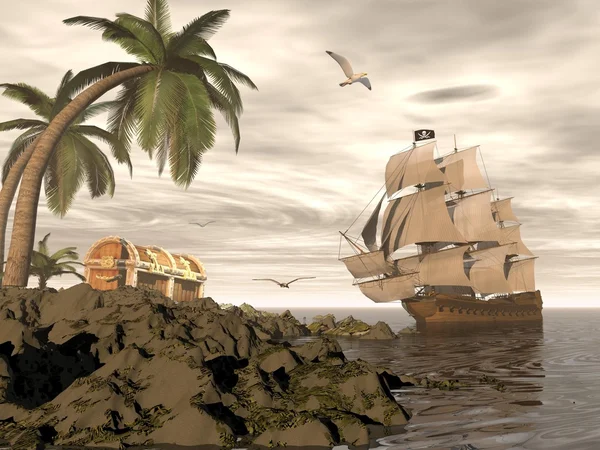 Пиратский корабль, найти клад - 3d визуализация — стоковое фото