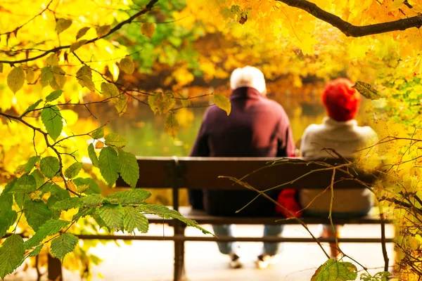 Пожилые супружеские пары, сидя на скамейке — стоковое фото