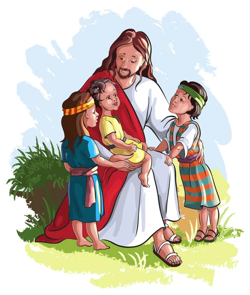 Иисус и дети, изолированные на белом фоне — стоковый вектор