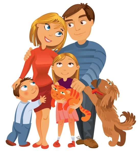Счастливая семья четыре и два домашних животных — стоковый вектор