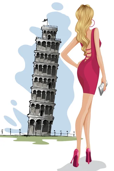 Женщина возле Пизанская башня — стоковый вектор