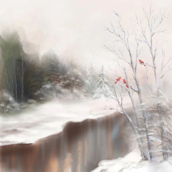 Зимний пейзаж акварелью. Снежная картина сцены в тумане с снег сугробы, деревья, реки, птицы, Мороз, лес, елки — стоковое фото
