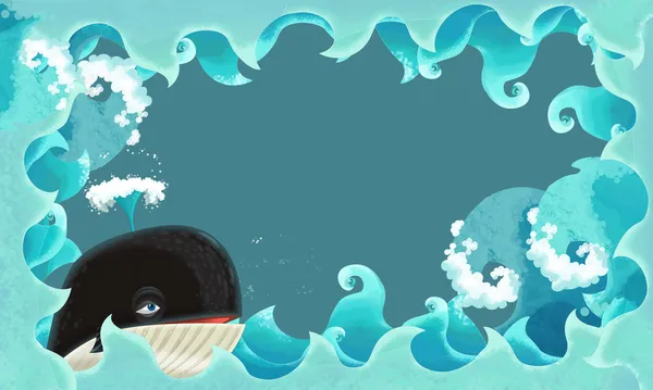 Художественные мультфильм кадр - волны с Китом — стоковое фото