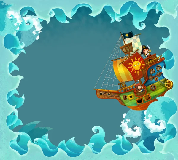 Художественные мультфильм кадр волны с пиратский корабль — стоковое фото