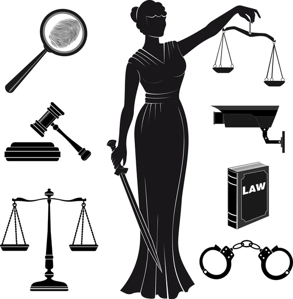 Court.Set of icons on a theme the judicial.law.Themis . justice.lady justice — стоковый вектор