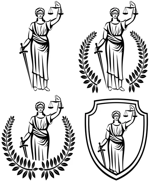 Lady justice. Themis . Equality . fair trial . Law . Laurel wreath .defense shield . — стоковый вектор