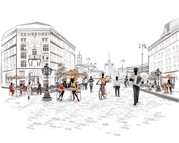 Серия улиц с людьми в старом городе — стоковый вектор
