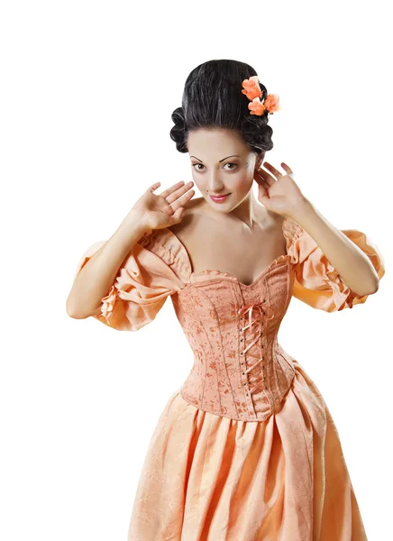 Женщина в историческом стиле барокко костюм корсет, девушка в платье ретро стиле рококо, флирт, изолированные на белом фоне — стоковое фото