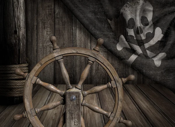 Штурвал судна пиратов со старым флагом веселого Роджера — стоковое фото