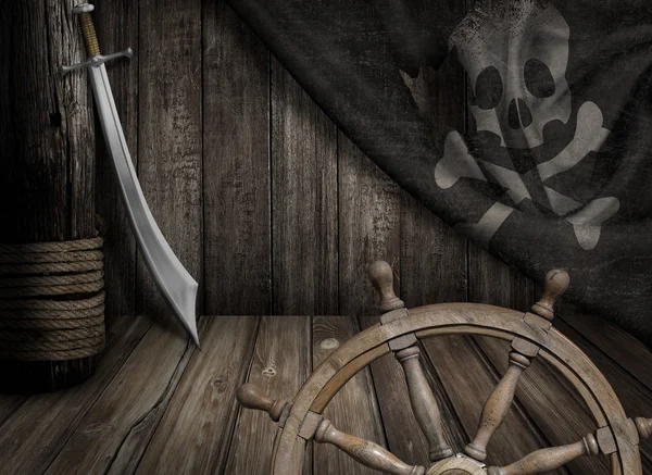 Штурвал судна пиратов со старым флагом веселого Роджера и саблей — стоковое фото