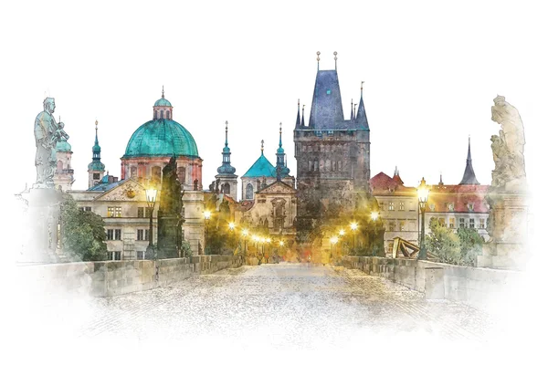 Прага - известной достопримечательности Карлов мост, Акварельные иллюстрации — стоковое фото