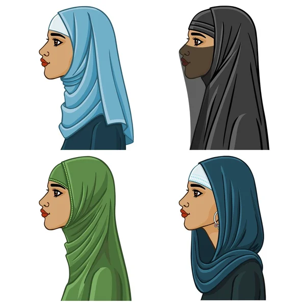 Set: four Arab girls in different traditional headdresses. isolated. — стоковый вектор