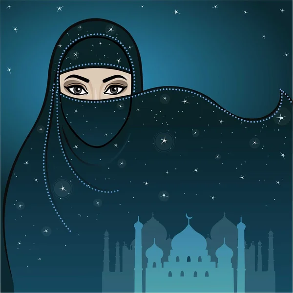Анимация Арабская женщина в парандже. Ночное звездное небо над городом — стоковый вектор