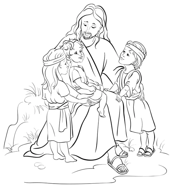 Иисус и дети обрисованы в общих чертах — стоковый вектор