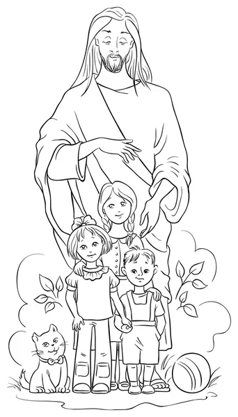 Иисус с детьми. окраска страницы. также доступная цветная версия — стоковый вектор