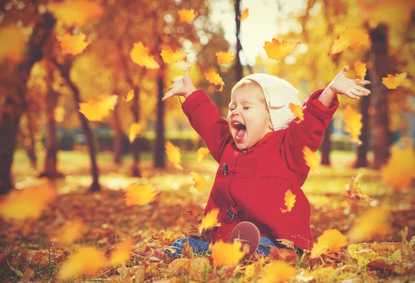 Счастливый маленький ребенок, девочка, смеясь и играя в осень — стоковое фото