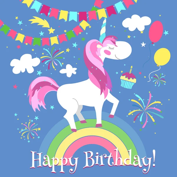 Happy birthday card with cute unicorn. Vector template — стоковый вектор