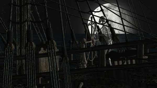 Скелет Капитан в лодке призрак в ночное время — стоковое фото