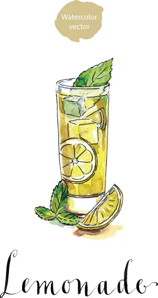 Стакан лимонада или лимонного сока с кубиками льда и нарезанный лимон — стоковый вектор