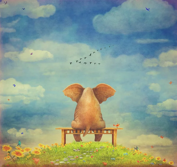 Грустно слон, сидя на скамейке на поляне — стоковое фото