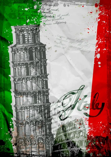 Пизанская башня и Колизей на фоне флага Италии — стоковый вектор