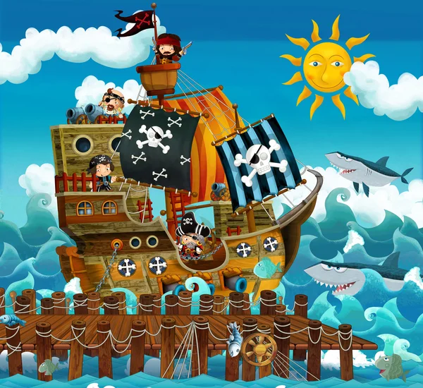 Пиратский корабль в море — стоковое фото