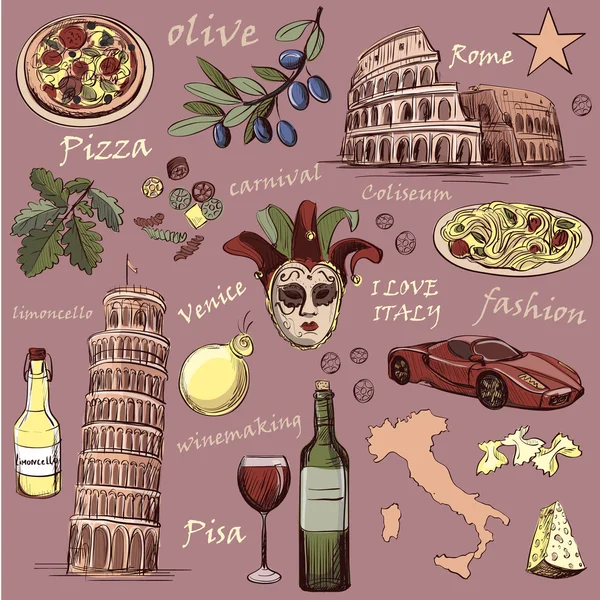 Набор рисованной значков Италии — стоковый вектор