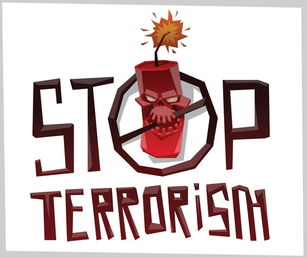 Stop terrorism, big round emblem with smiling skull bomb — стоковый вектор