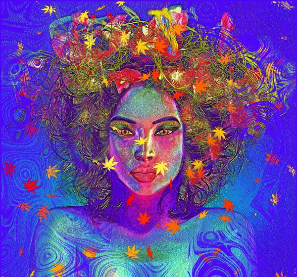 Разноцветные листья и сучки укрепить этот абстрактный цифрового искусства образ женского лица, крупным планом — стоковое фото