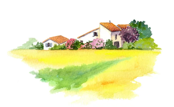 Сельский дом и желтое поле в Провансе, Франция. Акварель — стоковое фото